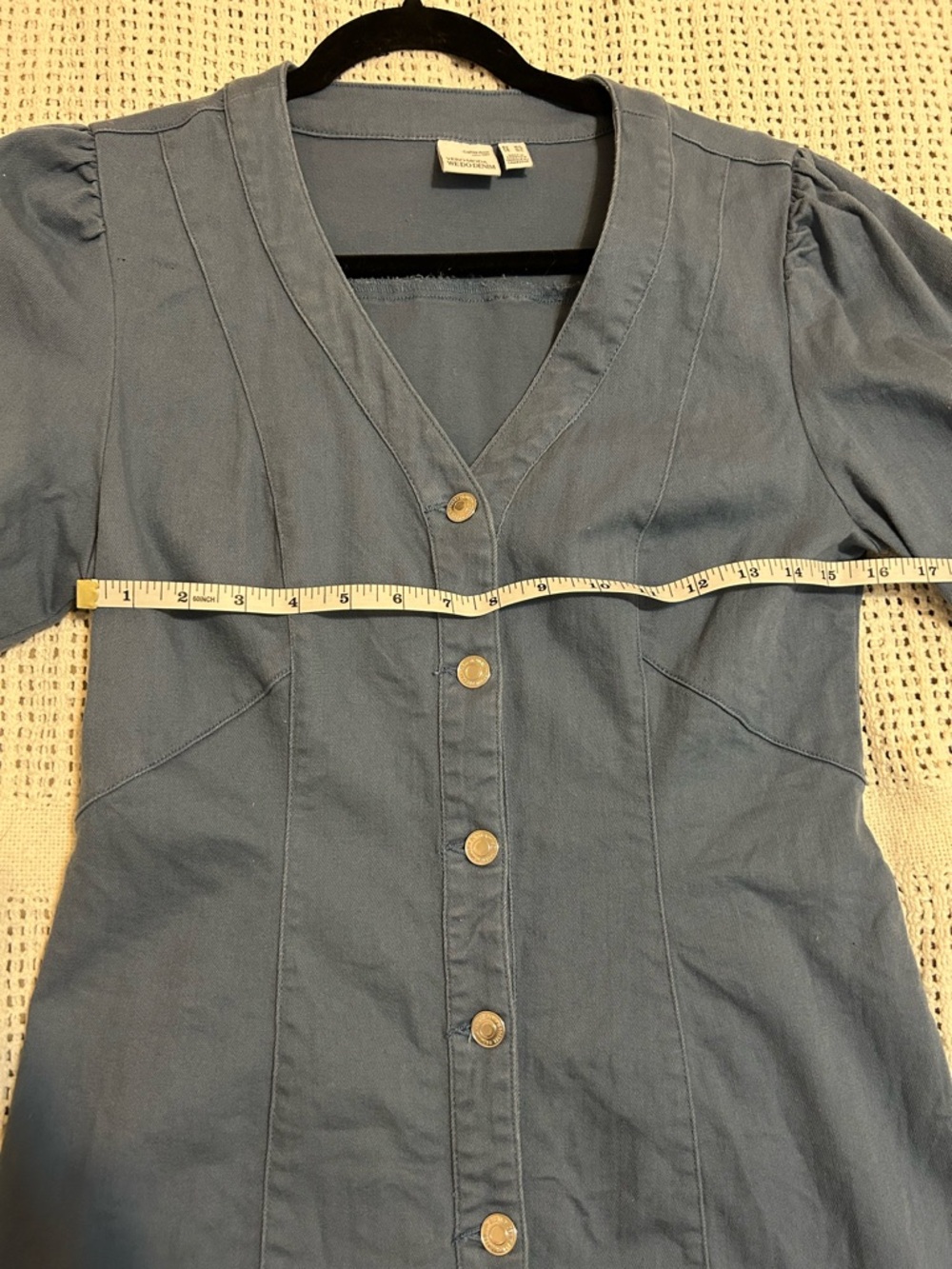 Vero Moda Puff Sleeve Button-Front Denim Blue Mini Dress Size M/L - Picture 9 of 11
